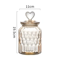 Amber ribbed glass storage jar with heart handle, 19.5cm height and 11cm diameter - Heart Lid Water Drop Style / Medium