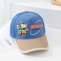 Detail view of boys' mesh sun hat with blue and brown patchwork and 3D robot motif - 52cm (2-5 Years) / Blue