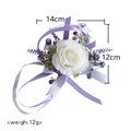 Artificial white rose boutonniere with purple ribbons for wedding events, 14cm size - White Purple Rose Wrist Corsage