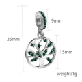 Macro detail of silver tree of life charm with green stones and precise dimensions - Silver Tree of Life Charm with Green Stones