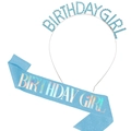 Detailed view of light blue glitter birthday sash and silver rhinestone crown tiara set - Birthday Girl / Blue Set
