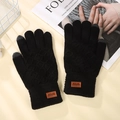Men's black knitted touchscreen gloves with warm fleece lining and winter leather label - Rhombus Pattern / Black