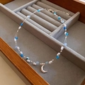 Blue beads and baroque pearl necklace with a silver crescent moon pendant charm - Blue Moon Pendant Necklace (71#)