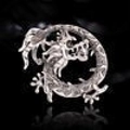 Retro dragon-shaped suit brooch in silver finish with intricate textured details - Silver with Grey Stones