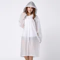 Reusable semi-transparent white hooded raincoat with adjustable drawstring and snap buttons - White
