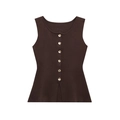 Detail shot of dark brown ribbed knit vest featuring elegant gold button decorations - S / Dark Brown