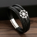 Bracelet pour homme en cuir tressé noir avec gouvernail argenté et fermoir magnétique - Noir + Acier Argenté