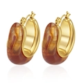 Elegant gold plated stainless steel hoop earrings with chunky amber resin inlay - No.4 Brown