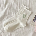 White crew socks with green sheep embroidery on a cotton-linen background - White - Green Sheep