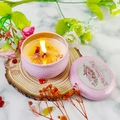 Pink polka dot tin scented candle with vintage rose and dried petals for Valentines Day - D7 Peony