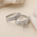Double-layered silver butterfly open ring with sparkling cubic zirconia pavé stones - Butterfly Ring and Twisted Rope Ring Combination (14395) / Silver