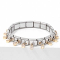 Silver modular bracelet with golden pink gemstone charms on a white geometric stand - Light Purple