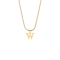 Macro view of polished 18K gold letter W pendant on flat herringbone chain - Style W