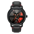 Montre homme design jante de voiture, bracelet cuir noir avec surpiqûres rouges - Rouge