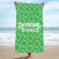 Green rectangle microfiber beach towel with Summer Time text and palm trees in sunny beach - B23-Grass Green Summer Time