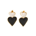 Detail of 18k gold plated double heart earrings with black and white drip oil finish - Black and White Contrast Heart Style (22-TE6003-WB)
