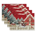 Set of 4 Christmas placemats featuring snowmen and winter cabins on linen texture - CD62-5 (Snowman Red Snow Scene)