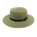 Close-up of matcha green straw hat with fine weave texture and black leather strap - M (56-58cm) / Army Green