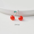 Detail of red cherry pendant with crystal leaves and 25x31mm size text on white surface - Silver Stem Bright Red Cherry with Zirconia
