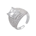 Adjustable silver ring with square clear zircon stone and micro-pave crystals on white background - Platinum White Zirconia