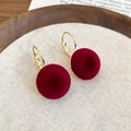 Detail of deep red flocked round pendant earrings with elegant golden metal hooks - Round Flocking Hook Earrings (34#) / Red