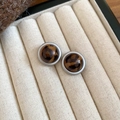 Detailed view of leopard print round stud earrings set in a beige velvet jewelry box - Silver White Round Small (11#)