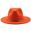 Elegant bright orange wool fedora hat with a decorative gold chain band for women - M (56-58cm) / Orange