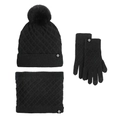 Winter 3-piece knit set featuring black pom-pom beanie, neck warmer and gloves - 307 Black 3-Piece Set (Diamond Pattern)