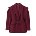 Detail of burgundy belted blazer with structured shoulder pads and smooth texture - S / Burgundy