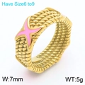 7mm gold woven textured stainless steel ring with pink enamel X detail for women - Gold + Pink