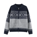 Cárdigan de punto para mujer en azul y gris con patrón de copos de nieve y doble cremallera - S / Azul marino