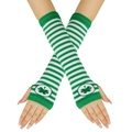 Long green and white striped fingerless gloves with shamrock for St. Patrick's Day - Green and White Stripes with Shamrock