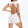White high-neck backless bodysuit with ruched booty lifting detail for yoga fitness - S / Off-White Grey