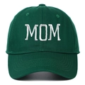 Close-up of white MOM embroidery on a dark green cotton twill baseball cap - Adjustable / MOM Embroidery / Green