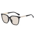 Square vintage sunglasses with black frame and gold metal faux pearl chain temples - Bright Black Frame Pearl Temple Light Tea Lens
