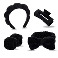 Detail view of 4-piece black plush headband set with sponge band and wristbands - Black 5pcs Set (Headband, Hair Clip, Scrunchies, Wristbands)