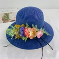 Chapeau de paille pliable pour femme bleu marine avec fleurs colorées et ruban noir - M (56-58cm) Avec Corde Coupe-vent / Bleu Marine