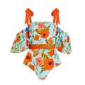 Floral print bandeau bikini with orange puff sleeves and butterfly pattern - S / Single One-piece Swimsuit