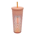 Orange gradient double-layer studded tumbler with holographic diamond texture and straw - Laser Orange