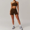 Ensemble soutien-gorge de sport une épaule et short taille haute marron à poches - 10/M / Short à Une Épaule Brun Thé de Bouleau