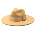Detail of camel wool felt fedora featuring a ribbon band and a gold bee metal buckle - M (56-58cm) / Camel
