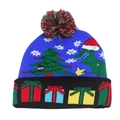 Detail of blue Christmas beanie featuring LED light switch, dinosaur and tree patterns - Royal Blue Christmas Tree