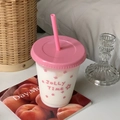 Pink frosted plastic straw cup with Jolly TIME print and matching pink lid - 470ML / Small Jolly Time