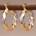 Elegant tri-color twisted hoop earrings in gold, silver, and rose gold finishes - E4488 Three-color Twisted Rope Spiral Hoop Earrings
