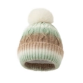 Detailed close-up of thick knit gradient beanie with soft faux fur pompom and warm texture - L (58-60cm) / Khaki and Green Gradient