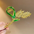 Elegant large 11cm golden metal wheat stalk hair claw clip with green enamel finish - Classic Enamel Wheat Ear Claw Clip