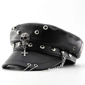 Punk zwarte leren pet met zilveren doodskop, kruis en metalen ketting versieringen - Zwarte Schedel Kruis Stijl(02)