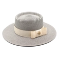 Detailed view of grey boater hat featuring beige ribbon and golden bee metallic ornament - M (56-58cm) / Gray