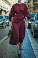 Detailed texture of burgundy satin wrap dress with lantern sleeves and side slit design - S / Burgundy