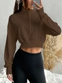 Brown half-zip cropped sweatshirt for women with vintage standing collar and ribbed cuffs - M / Dark Coffee